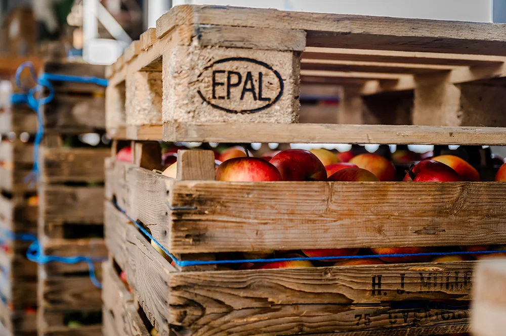 Nahaufnahme von mit roten und gelben Äpfeln gefüllten Holzkisten, die übereinander gestapelt sind. Eine Kiste ist mit dem Stempel "EPAL" versehen. Im Hintergrund sind weitere Kisten in einer Lagerhalle zu sehen.