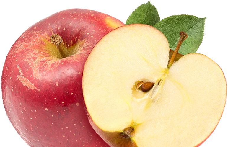 Ein roter Apfel mit glatter Schale wird neben einem halbierten Apfel gezeigt, bei dem Kerne und Kerngehäuse sichtbar sind. An beiden Stücken sind grüne Blätter am Stiel befestigt.
