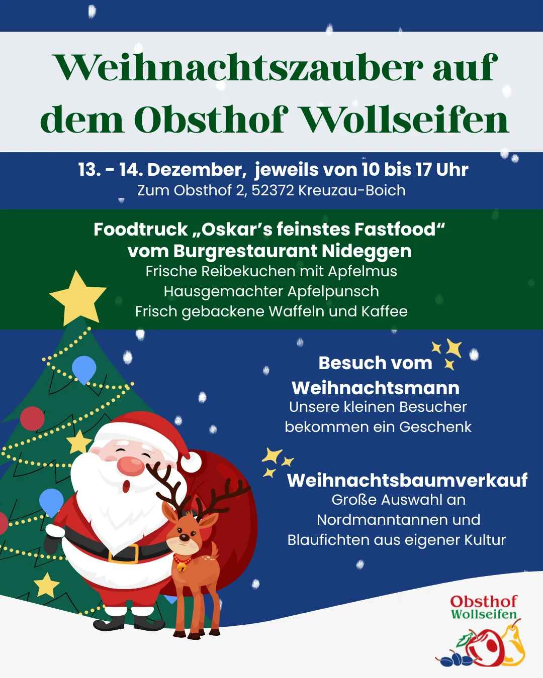 Buntes Plakat für eine Weihnachtsveranstaltung auf dem Obsthof Wollseifen mit einem festlichen Design, dem Weihnachtsmann, einem Weihnachtsbaum und Veranstaltungsdetails, einschließlich Food Truck, Besuch des Weihnachtsmanns und Weihnachtsbaumverkauf am 13. und 14. Dezember.